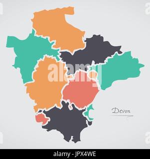 Devon, Angleterre La carte avec les états et les formes rondes modernes Illustration de Vecteur