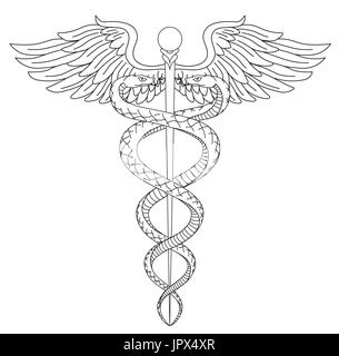 Cadeus médecine médical médecin pharmacie ferme symbole de la science. Vector hand drawn tho linéaire noir avec des ailes des serpents. épée Vin Grec Illustration de Vecteur