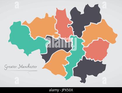 Le Grand Manchester en Angleterre la carte avec les états et les formes rondes modernes Illustration de Vecteur