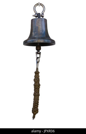 Old vintage metal cloche du navire avec une corde sur un fond blanc Banque D'Images