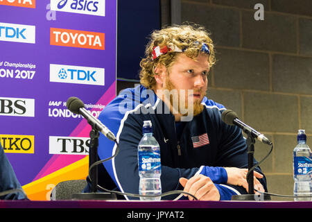 Londres, Royaume-Uni. 06Th Aug, 2017. Londres, 03 août 2017. Ryan Crouser, 2016 Tour de France 2017 Champion et leader mondial au niveau de l'équipe USA conférence de presse avant les Championnats du monde IAAF 2017 à Londres le London Stadium. Crédit : Paul Davey/Alamy Live News Banque D'Images