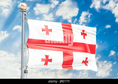 Brandir le drapeau géorgien en bleu ciel nuageux, 3D Rendering Banque D'Images