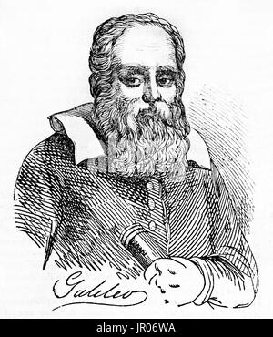 Ancien portrait gravé de Galileo Galilei (1565 - 1642), génie de la renaissance italienne. Par auteur non identifié, publié le Magasin Pittoresque, Paris, Banque D'Images