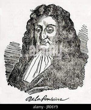 Ancien portrait gravé et signature de Jean de La Fontaine (1621 - 1695), célèbre fabuliste français. Par auteur non identifié, publié le Magasin Pittore Banque D'Images