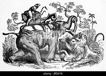 Vieille illustration représentant un épisode dramatique de chasse aux lions. Par auteur non identifié, publié le Magasin Pittoresque, Paris, 1833. Banque D'Images
