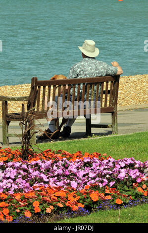 Un homme plus âgé ou d'un homme âgé avec son chien assis sur un banc sur la plage ou plage pour regarder le bateau à côté d'un lit de fleurs aux couleurs vives. Banque D'Images