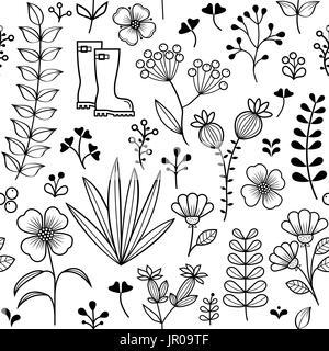 Modèle sans couture botanique dessiné à la main, fleurs sauvages et herbes, papier peint design Illustration de Vecteur