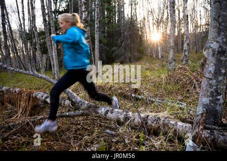 Une jeune femme tournant plus de journaux sur un sol forestier dans une forêt ; Homer, Alaska, United States of America Banque D'Images