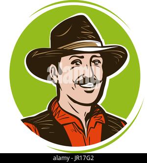 Logo de l'agriculteur ou l'étiquette. Portrait of happy American Cowboy in hat. Cartoon vector illustration Illustration de Vecteur