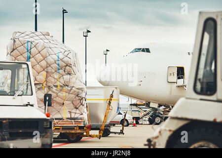 La vie quotidienne à l'aéroport international. Chargement de l'avion cargo. Banque D'Images