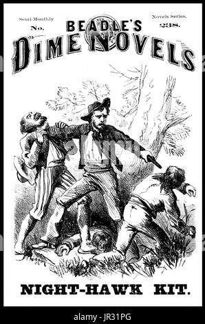 En 1860, les éditeurs et Irwin Erastus Beadle a publié une série de livres de poche bon marché, Beadle's Dime Novels. Dime romans étaient de taille variable, même dans la première série, Beadle mais étaient surtout de 6,5 par 4,25 pouces, avec 100 pages. Les 28 premiers ont été publiés sans une illustration de couverture, dans une enveloppe de papier de couleur saumon. Une gravure sur bois a été ajouté au numéro 29, et les 28 premiers ont été reproduites avec l'illustration de couverture. Les livres étaient, bien sûr, à dix cents. La plupart des histoires sont histoires frontière reproduit de nombreuses séries dans l'histoire et d'autres sources, mais beaucoup ont été ori Banque D'Images