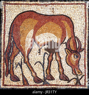 Mosaïque byzantine, Gazelle. (Theodorias Qasr moderne Libye) était une ville byzantine dans la Cyrénaïque, fondée en 539 par l'empereur Justinien et nommé en l'honneur de son épouse, l'impératrice Théodora. L'histoire de Qasr Libye remonte à la période grecque (4e siècle avant J.-C.), quand il a été appelé Olbia. Le complexe comporte deux églises : l'église orientale, découvert en 1957, et l'Église occidentale, découvert en 1964. Les mosaïques ont été exhumés dans l'église orientale à proximité après avoir été découvert par des ouvriers de Libye. La collection contient 50 panneaux, principalement d'animaux, dieux, déesses, nymphes, et f Banque D'Images