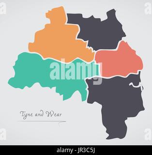 Tyne et Wear Angleterre Map avec les états et les formes rondes modernes Illustration de Vecteur