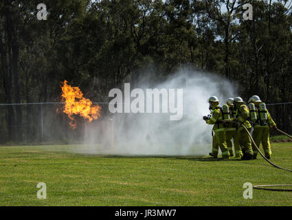 Équipe de pompiers pulvériser de l'eau sur les flammes dans grass field Banque D'Images
