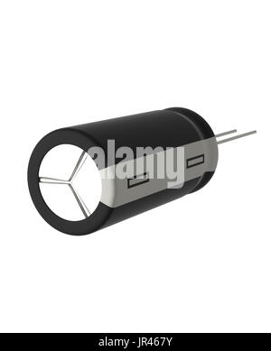 Rendu 3D réaliste de petits condensateurs électrolytiques noir isolé sur fond blanc avec l'ombre et chemin de détourage, de l'électronique partie concept. Banque D'Images