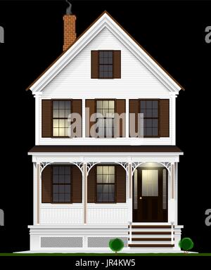 Un américain classique et typique maison en bois peint avec peinture blanche. Deux étages, sous-sol et grenier. Vue de nuit. Illustration de Vecteur