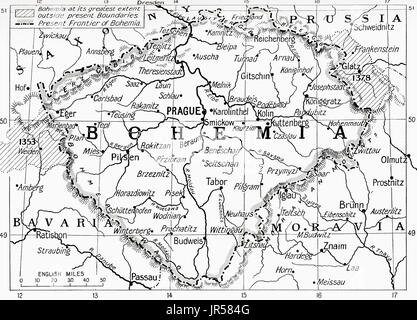 La carte de la Bohême au début de la PREMIÈRE GUERRE MONDIALE. Les zones bordées d'afficher son étendue au 14ème siècle, la ligne en pointillé indique la frontière en 1914. L'histoire de Hutchinson de l'ONU, publié en 1915. Banque D'Images