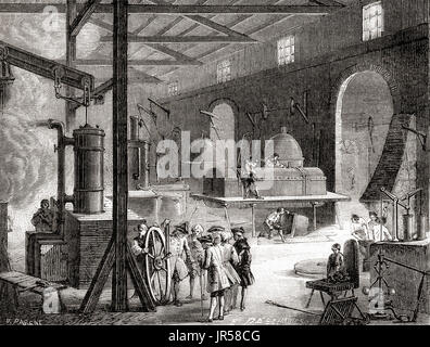 Boulton et Watt moteur à vapeur de l'usine à Soho, Handsworth, Birmingham. Matthew Boulton, 1728 - 1809. Fabricant anglais et partenaire d'affaires de l'ingénieur écossais James Watt. James Watt, 1736 -1819. L'inventeur écossais, ingénieur en mécanique et chimie. De : Les merveilles de la science, publié en 1870. Banque D'Images