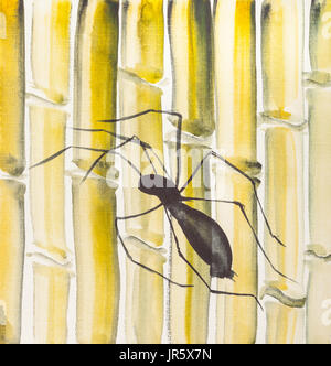 La formation en dessin suibokuga with style - spider sur les troncs de bambou jaune Banque D'Images