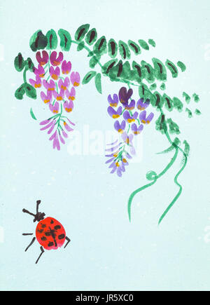 La formation en dessin suibokuga with style - plantes et fleurs wisteria coccinelle sur du papier de couleur bleu Banque D'Images