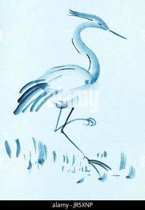 La formation en dessin suibokuga with style - oiseau heron sur du papier de couleur bleu Banque D'Images
