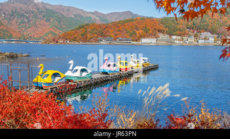 YAMANASHI, JAPON - le 22 novembre : Kawaguchiko à Yamanashi, au Japon le 22 novembre 2013. Swan boats sont disponibles pour les touristes au lac Kawaguchiko Banque D'Images