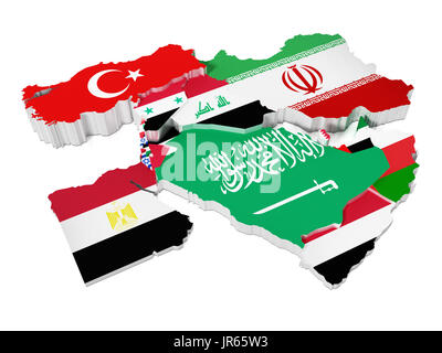 Moyen Orient Pays couverts avec les drapeaux des pays. 3D illustration. Banque D'Images