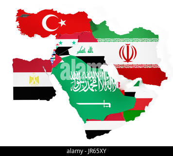 Moyen Orient Pays couverts avec les drapeaux des pays. 3D illustration. Banque D'Images