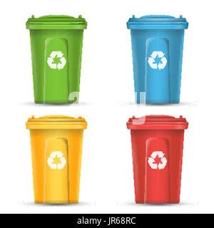 Conteneurs réaliste pour le recyclage le tri des déchets. Ensemble de Rouge, Vert, Bleu, Jaune des seaux. Illustration de Vecteur