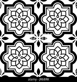 S), motif floral de Lisbonne, jeu de mosaïque noir et blanc transparent Méditerranée ornament Illustration de Vecteur