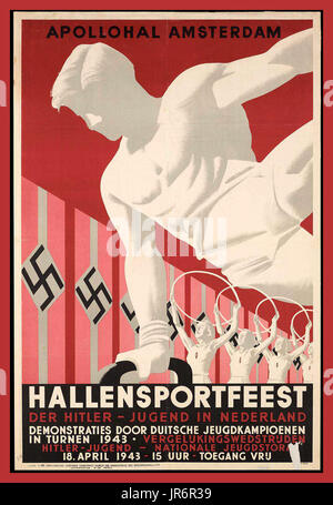 Vintage WW2 affiche de propagande nazie 1943 Hallensportfeest. La Jeunesse Hitler HitlerJugend Hitler Jugend aux pays-Bas. Affiche de l'Allemagne nazie. Troisième affiche de propagande de Reich, carte postale de la Guerre mondiale 2 Banque D'Images