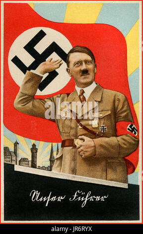 Drapeau à croix gammée Adolph Hitler SALUTE HEIL HITLER WW2 avant-guerre allemand 'propagande' (Führer Unser notre chef) halcyon rayons soleil scène svastika nazi allemand affiche carte postale du Führer Adolf Hitler portant un brassard à croix gammée l'Allemagne nazie Banque D'Images