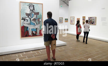 Besucher das Ein betrachtet Picasso-Werk "Jacqueline mit Kaboul" am 01.08.2017 in der Picasso-Ausstellung à Landerneau (Frankreich). Picasso werden in den nächsten Monaten mehr als 60 Ausstellungen gewidmet. Notamment à Paris, Athènes, Rom und Barcelone. (Zu dpa-Korr "Picasso-Hype : Mehr als 60 knapp drei Jahren in Ausstellungen" vom 04.08.2017) Un visiteur regarde le tableau de Picasso "Jacqueline avec Kaboul' dans l'exposition Picasso à Landerneau, France, 1 août 2017. Plus de soixante expositions seront consacrées à la Picasse dans les prochains mois à Paris, Rome, Athènes, Barcelone et d'autres ci Banque D'Images