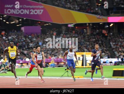 Stratford, au Royaume-Uni. 4e août, 2017. Usain Bolt (JAM, à gauche) et James Dasaolu GBR, 2ème à droite) dans la mens 100m chauffe. Championnats du monde d'athlétisme de l'IAAF. Stade olympique de Londres. Queen Elizabeth Olympic Park. Stratford. Londres. UK. Le 04/08/2017. Credit : Sport en images/Alamy Live News Banque D'Images