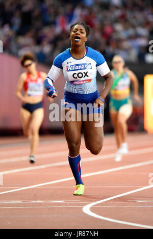 Kadeena Cox qui se font concurrence sur les T38 400m finale aux Championnats du monde Para athlétisme, stade de Londres. Elle souffre de sclérose en plaques Banque D'Images