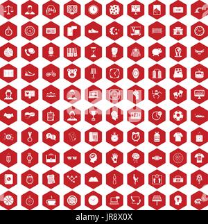 100 icônes de l'horloge rouge hexagonale Illustration de Vecteur