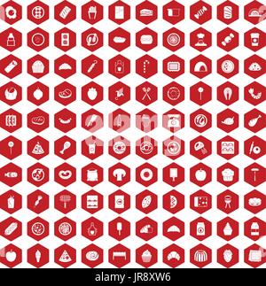 100 icônes de délicieux plats rouge hexagonale Illustration de Vecteur