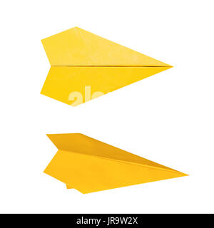 Avion en papier jaune isolated on white Banque D'Images