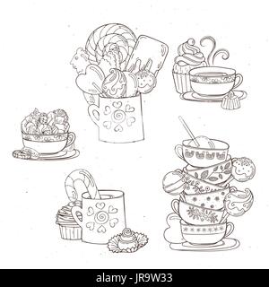 Bonbons dans des tasses avec des bonbons et des biscuits. Illustration de Vecteur