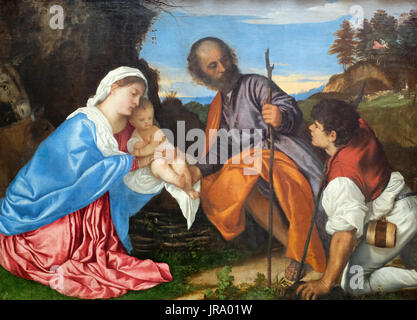 La Sainte Famille avec un berger, vers 1510 - Titien (Tiziano) Banque D'Images