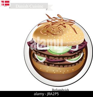 La cuisine danoise, Illustration d'Bofsandwich ou traditionnel Hamburger de boeuf haché Patty placé à l'intérieur d'une des tranches de pain. Le plat national des Illustration de Vecteur