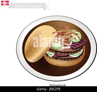 La cuisine danoise, Illustration d'Bofsandwich ou traditionnel Hamburger de boeuf haché Patty placé à l'intérieur d'une des tranches de pain. Le plat national des Illustration de Vecteur