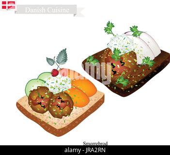 La cuisine danoise, Illustration de Smorrebrod ou pain de seigle beurré traditionnels ou pain de seigle foncé surmontée de Meatball, sauce tartare, légumes et fruits Illustration de Vecteur