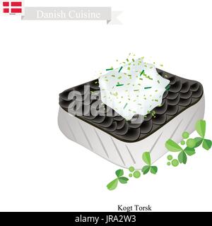 La cuisine danoise, Illustration d'Kogt Torsk ou Filet de morue bouillie traditionnel servi avec sauce persil. L'un des plus célèbre plat au Danemark. Illustration de Vecteur