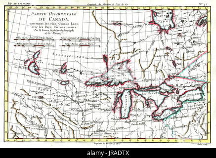 1780 Bonne carte antique de la région des Grands Lacs dans la partie supérieure des États-Unis et du Canada Banque D'Images