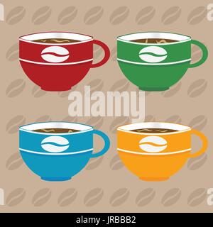 Quatre tasses à café décorées dans différentes couleurs sur fond brun clair avec les grains de café Illustration de Vecteur