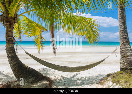 Hamac vide entre les palmiers sur la plage tropicale en Thaïlande Banque D'Images