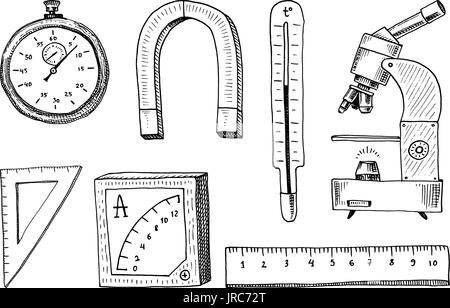 Boussole et aimant, alpelmet avec thermomètre et microscope. gravés à la main dans de vieux croquis et symboles vintage en physique de calcul de l'élément Retour à l'École de la science et des expériences de laboratoire. Illustration de Vecteur