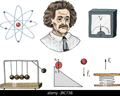 Atome et voltmètre de mouvement perpétuel, et circuit graphique. gravés à la main dans de vieux croquis et symboles vintage. calculs Retour à l'École de physique des éléments de la science et des expériences de laboratoire. Illustration de Vecteur