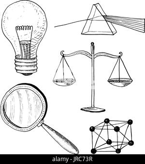 Lightbulb et prisme, réseau cristallin et l'échelle avec loupe. gravés à la main dans de vieux croquis et vintage des symboles. Retour à l'école, éléments de la science ou la physique et d'expériences en laboratoire. Illustration de Vecteur